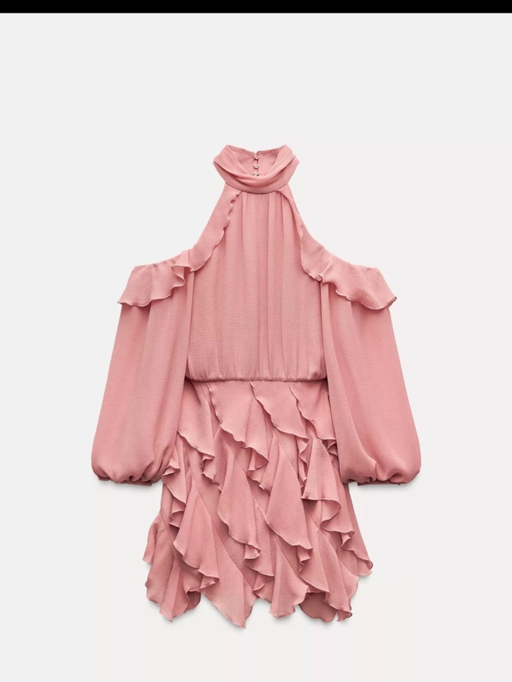 Zara Ruffled High Neck Mini Dress in Dusty Pink